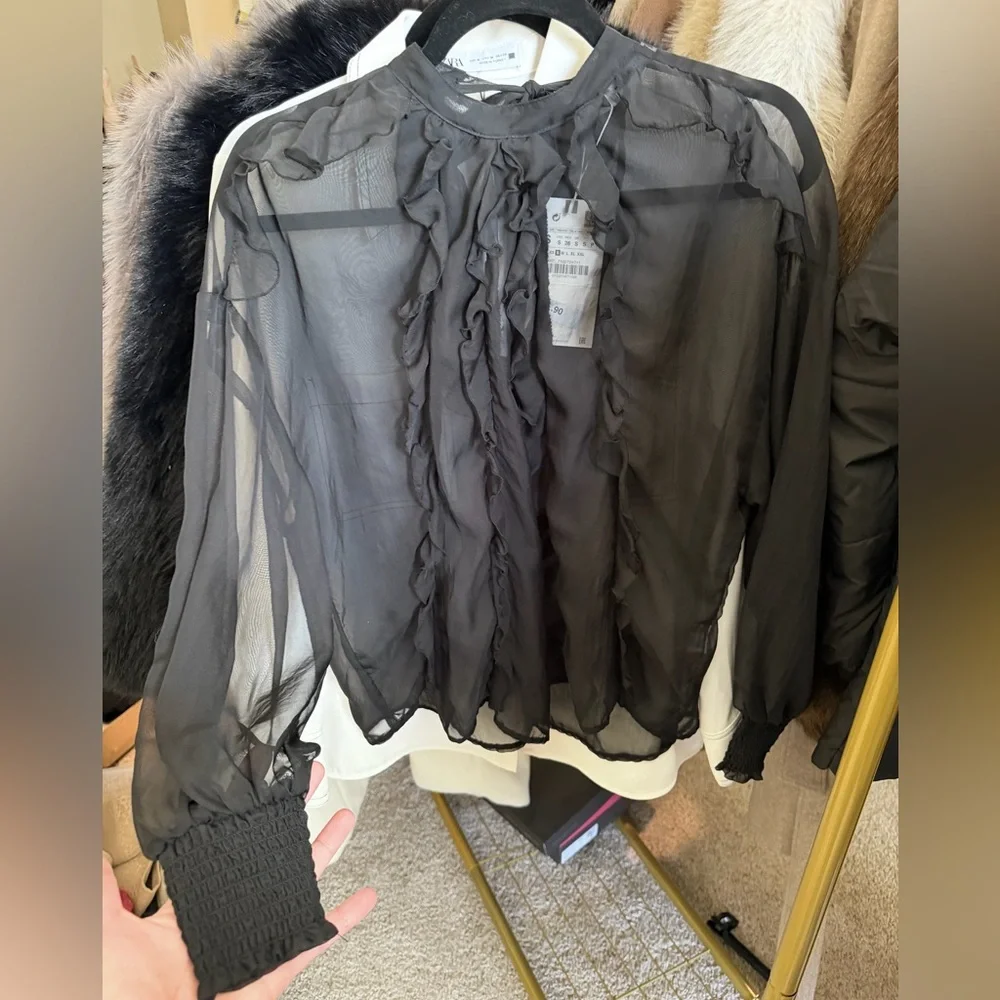 Zara NWT black ruffle long sleeve sheer mesh blouse - Picture 7 of 10
